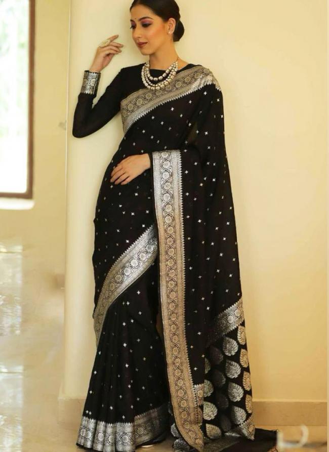 Silk Black Traditional Wear Jacquard Work Saree